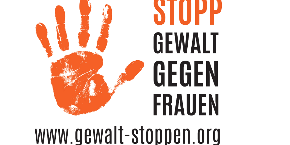 Ein orange-farbener Handabdruck - die Stopp-Geste - wird vom Titel und der Internetadresse in orange-farbener und schwarzer umrahmt.