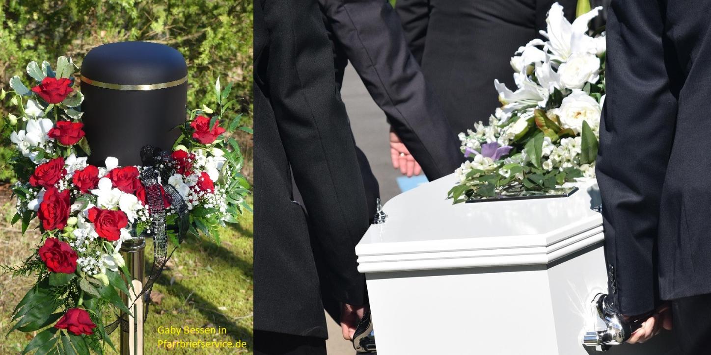 Bild links: schwarze Urne umrahmt von Rosen im Kranz / Bild 2: Sargträger tragen einen weißen Sarg / Bild 3: Eine Urne steht im Friedwald neben dem ausgehobenen Erdloch. (c) Regina Schmitz und Gaby Bessen in Pfarrbriefservice.de Bild links: schwarze Urne umrahmt von Rosen im Kranz / Bild 2: Sargträger tragen einen weißen Sarg / Bild 3: Eine Urne steht im Friedwald neben dem ausgehobenen Erdloch.
