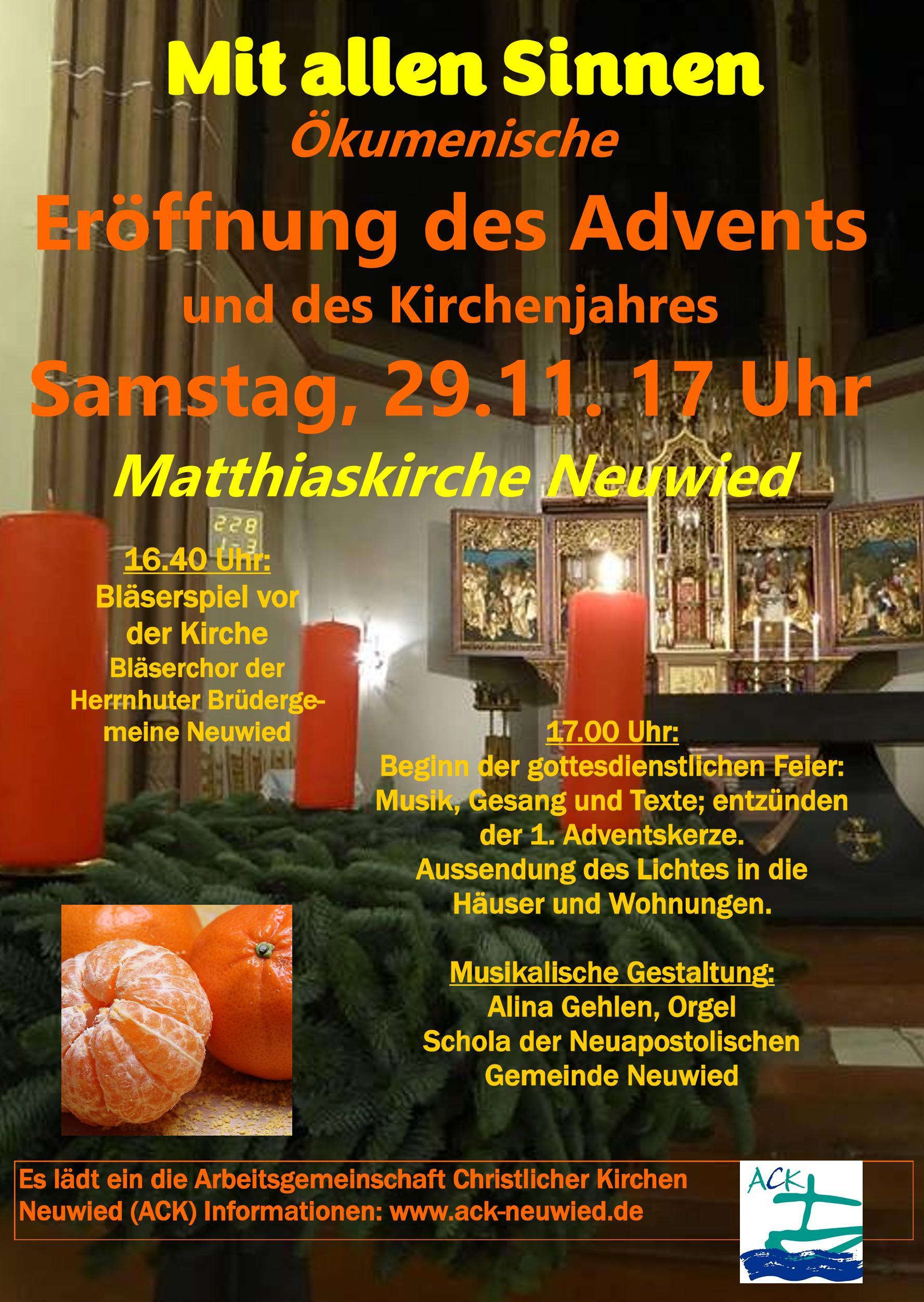 Auf dem Hintergrundbild des Plakates gibt der Adventkranz im Vordergrund den Blick auf den Chorraum der Matthiaskirche in Neuwied frei.