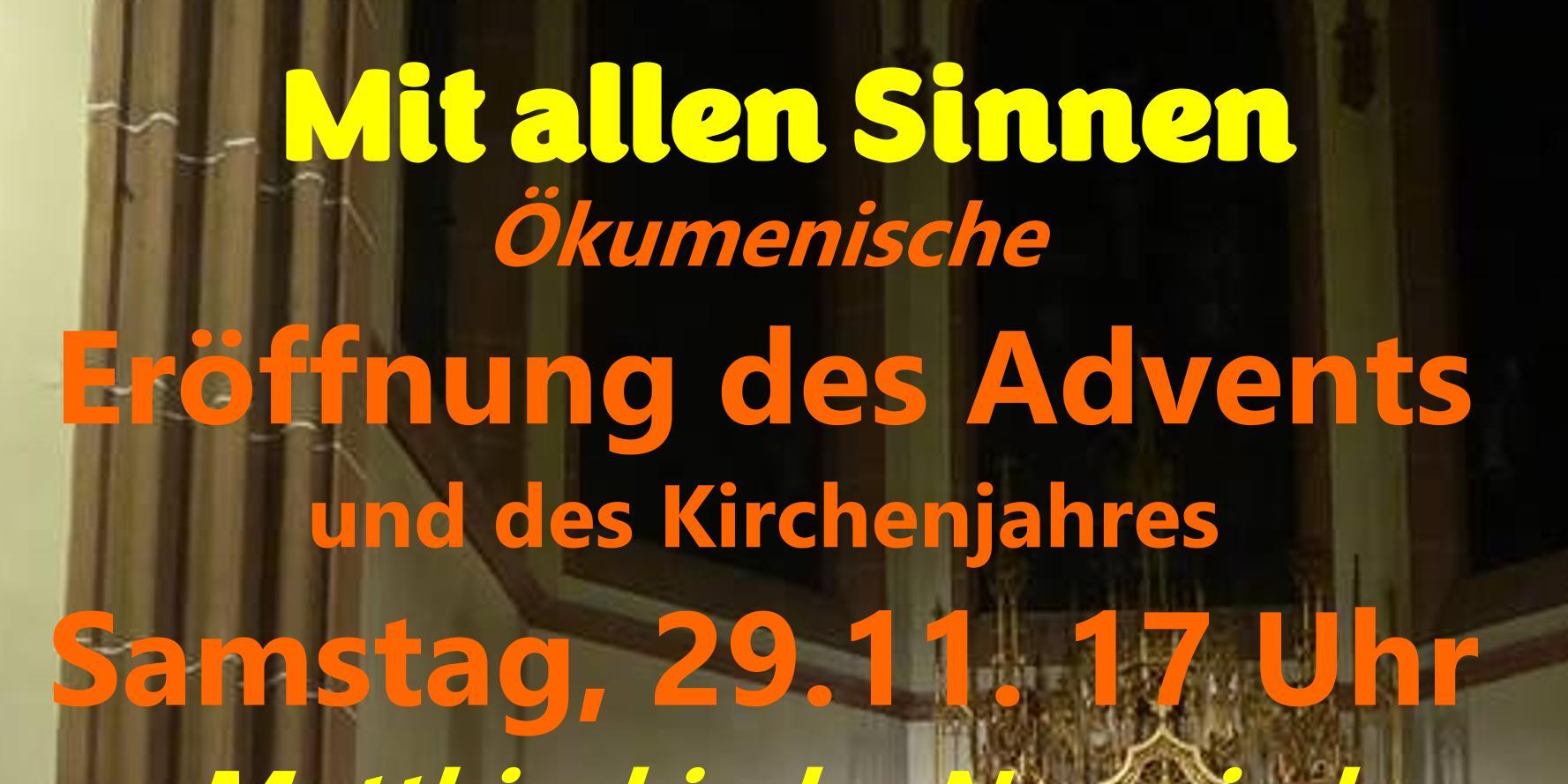 Auf dem Hintergrundbild des Plakates gibt der Adventkranz im Vordergrund den Blick auf den Chorraum der Matthiaskirche in Neuwied frei.