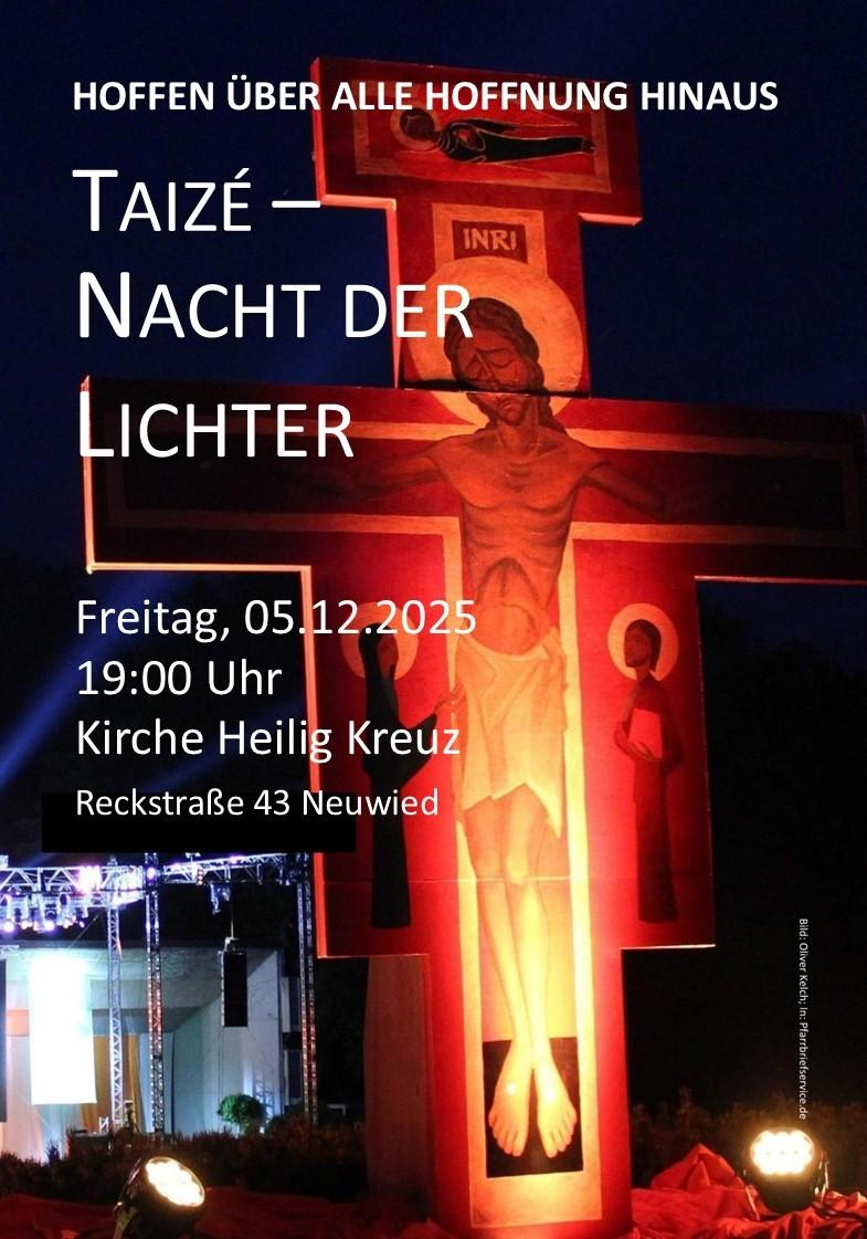 Das Hintergrundbild des Plakates zeigt ein großes Taizé-Kreuz vor einer Bühne, das angestrahlt wird.