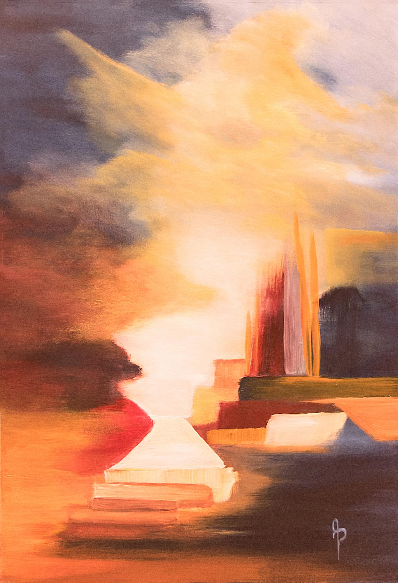 Das Gemälde, in rot-braunen Tönen von Christian Belz gemalt, lässt Häuser und eine Treppe mit anschließendem Weg erahnen, der auf ein helles Licht zuführt.