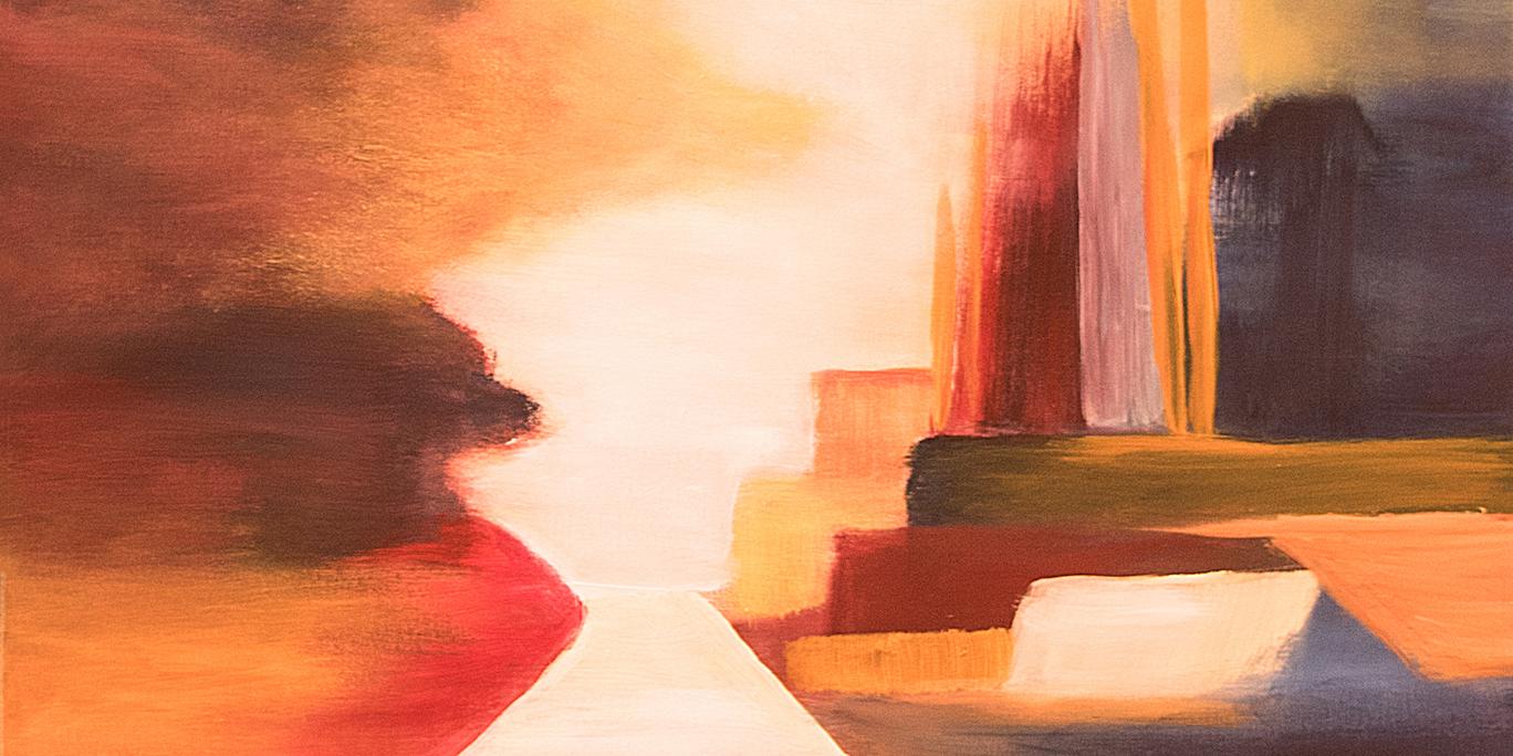 Das Gemälde, in rot-braunen Tönen von Christian Belz gemalt, lässt Häuser und eine Treppe mit anschließendem Weg erahnen, der auf ein helles Licht zuführt.