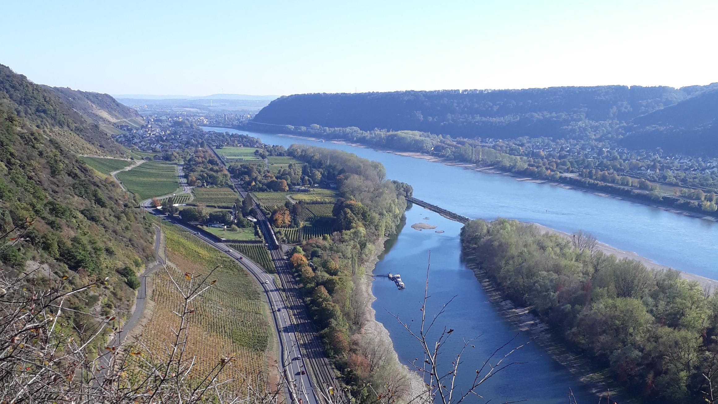 Blick von der Burgruine Hammerstein über den Rhein auf Leutesdorf