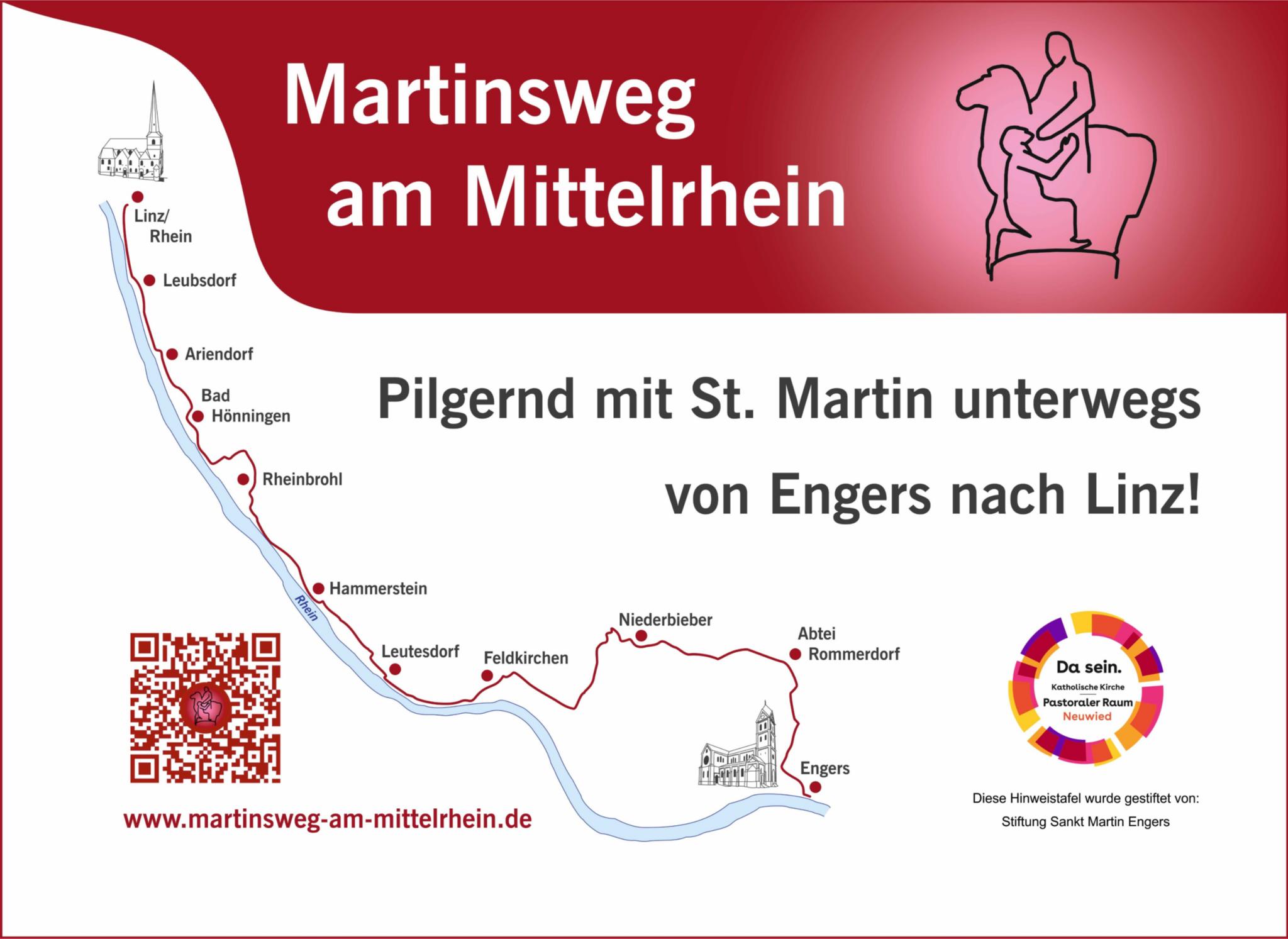Hinweisschild 'Martinsweg am Mittelrhein' an der kath. Kirche St. Martin in Engers. (c) Regina Schmitz Das Hinweisschild zeigt den schematischen Verlauf des Rheins, an dem entlang der Martinsweg von Linz bis Engers (dargestellt durch Skizzen der Pfarrkirchen) geht.