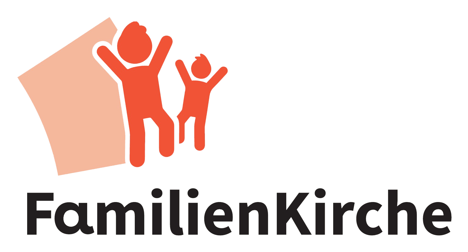 Zwei graphisch dargestellte Personen in unterschiedlicher Größe begrüßen sich mit erhobenen Armen und tanzenden Schritten, um ein Segment des Kreislogo des Pastoralen Raumes.