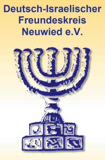 Logo zeigt eine Menora in blau-weiß (statt schwarz-weiß) auf gelblichen Hintergrund, als Überschrift der Vereinsname. (c) Deutsch-Israelischer Freundeskreis Neuwied e. V. Logo zeigt eine Menora in blau-weiß (statt schwarz-weiß) auf gelblichen Hintergrund, als Überschrift der Vereinsname.