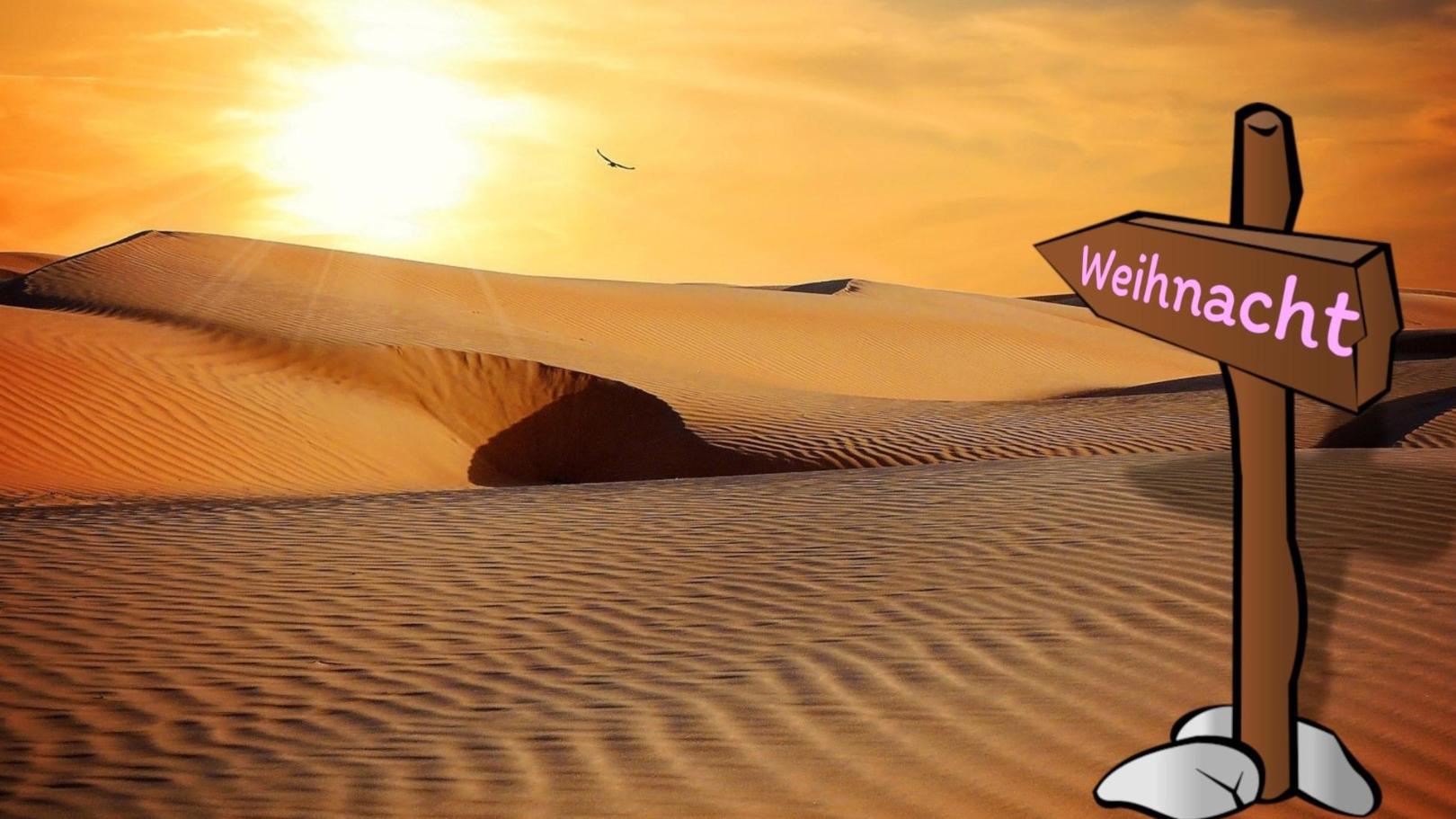 Wüstenbild in warmen Farben, in dem ein Wegweiser Richtung 'Weihnacht' zeigt
