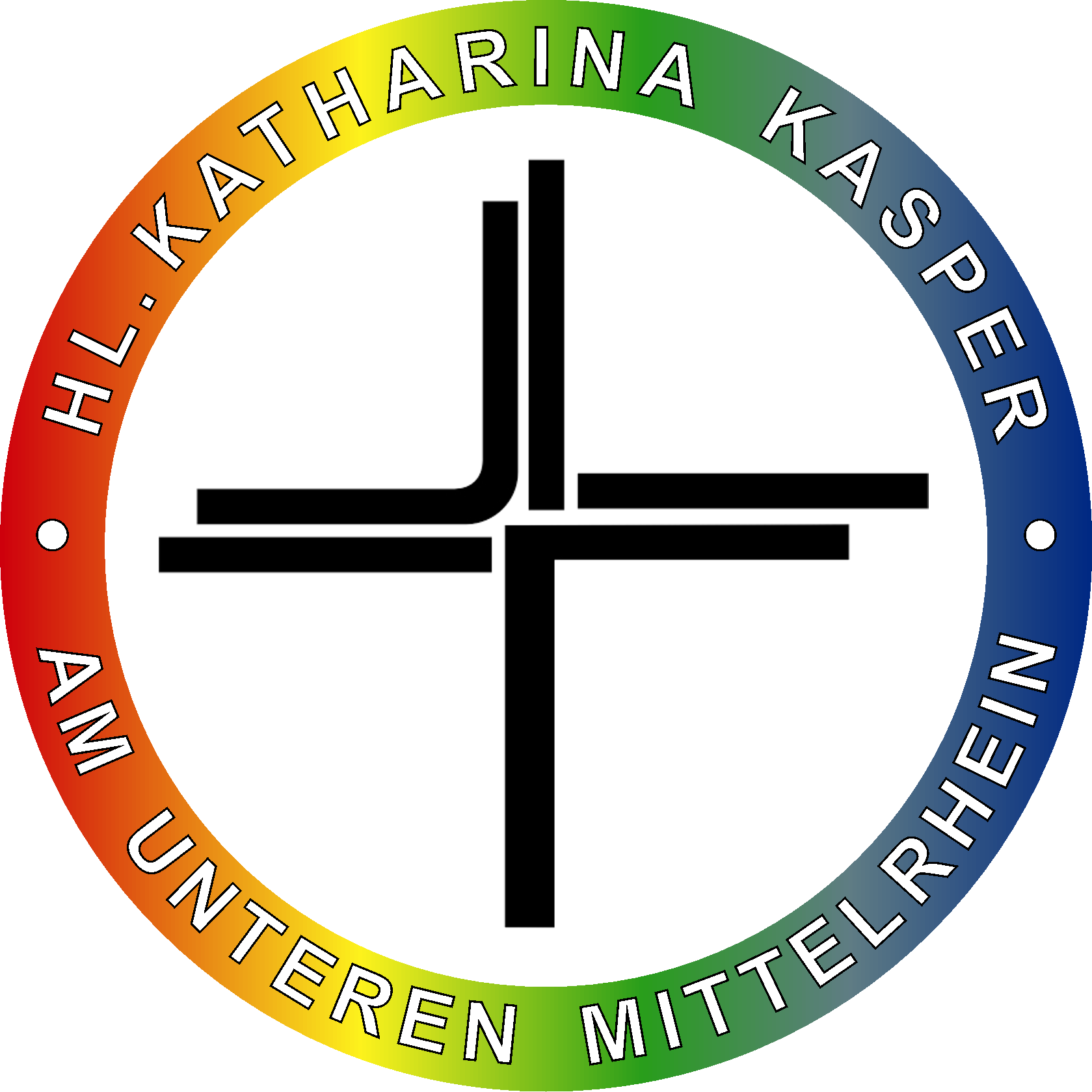 In einem mit Regenbogenfarben gefüllten Ring steht der Name der Pfarrei. Die Mitte wird von fünf Strichen, die ein Kreuz bilden, eingenommen.
