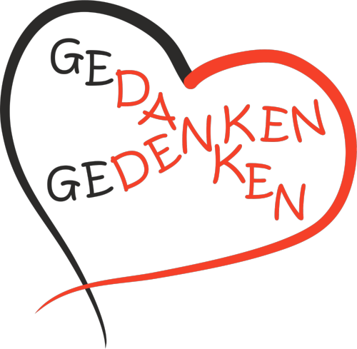 Die Worte 'Gedanken' und 'Gedenken' in Versalien umrahmt von einem Herzen, bestehende aus einer schwarzen und einer roten Linie