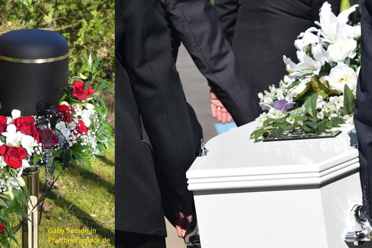 Bild links: schwarze Urne umrahmt von Rosen im Kranz / Bild 2: Sargträger tragen einen weißen Sarg / Bild 3:  Eine Urne steht im Friedwald neben dem ausgehobenen Erdloch.