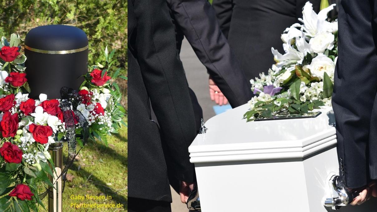 Bild links: schwarze Urne umrahmt von Rosen im Kranz / Bild 2: Sargträger tragen einen weißen Sarg / Bild 3:  Eine Urne steht im Friedwald neben dem ausgehobenen Erdloch.
