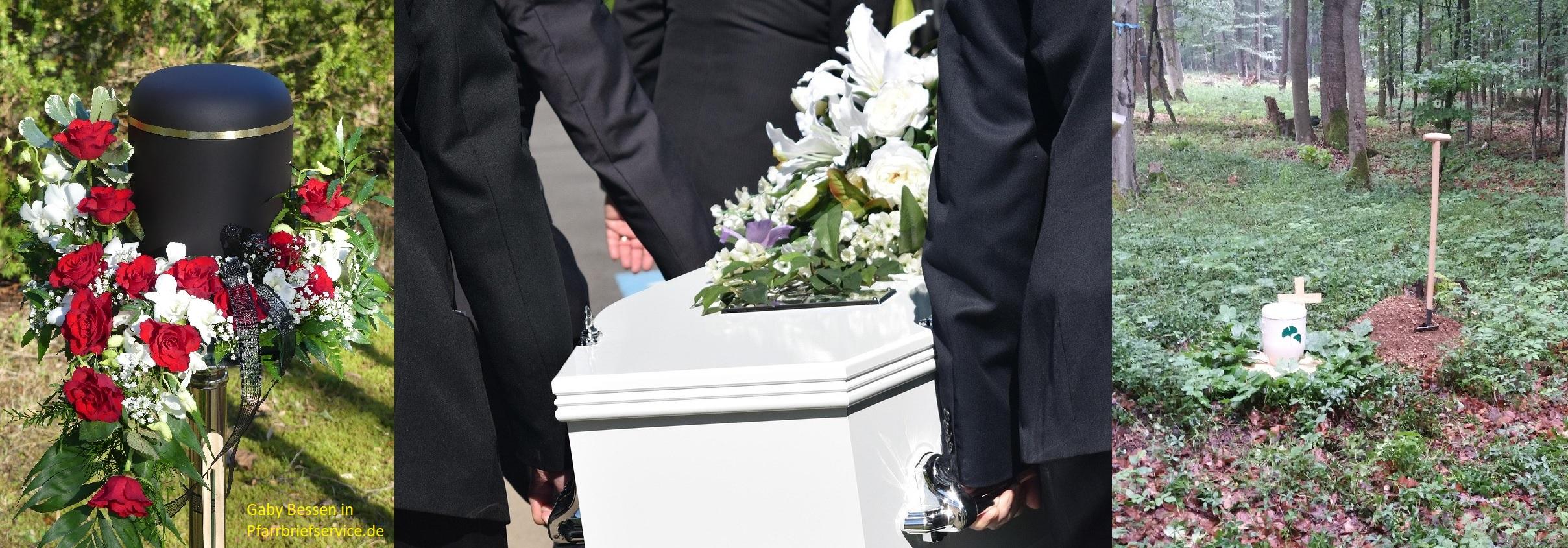 Bild links: schwarze Urne umrahmt von Rosen im Kranz / Bild 2: Sargträger tragen einen weißen Sarg / Bild 3:  Eine Urne steht im Friedwald neben dem ausgehobenen Erdloch.
