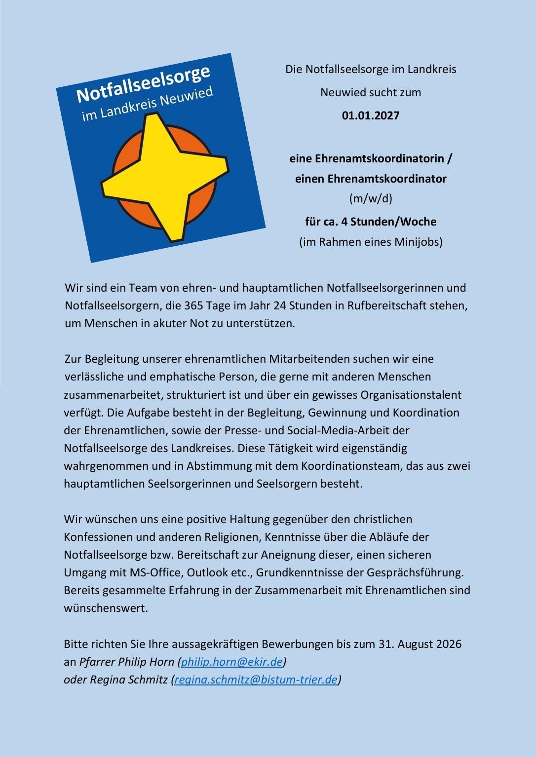 Das Bild zeigt den Text der Stellenausschreibung Ehrenamtskoordinator*in für die Notfallseelsorge, sowie das Logo der Notfallseelsorge. (c) ökum. Notfallseelsorge im Landkreis Neuwied Das Bild zeigt den Text der Stellenausschreibung Ehrenamtskoordinator*in für die Notfallseelsorge, sowie das Logo der Notfallseelsorge.