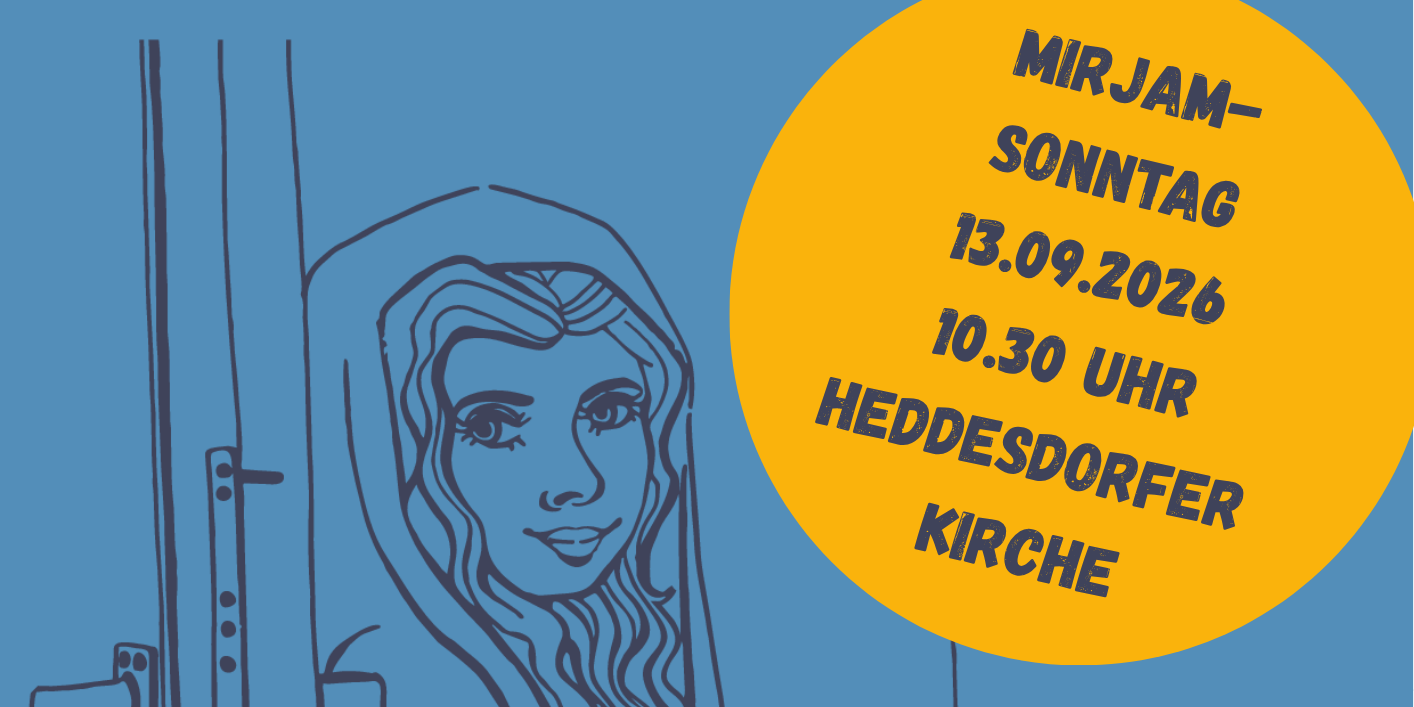 Das blaue Plakat zeigt neben den Informationen zur Veranstaltung die Strichzeichnung einer Frau, die eine Tür öffnet.