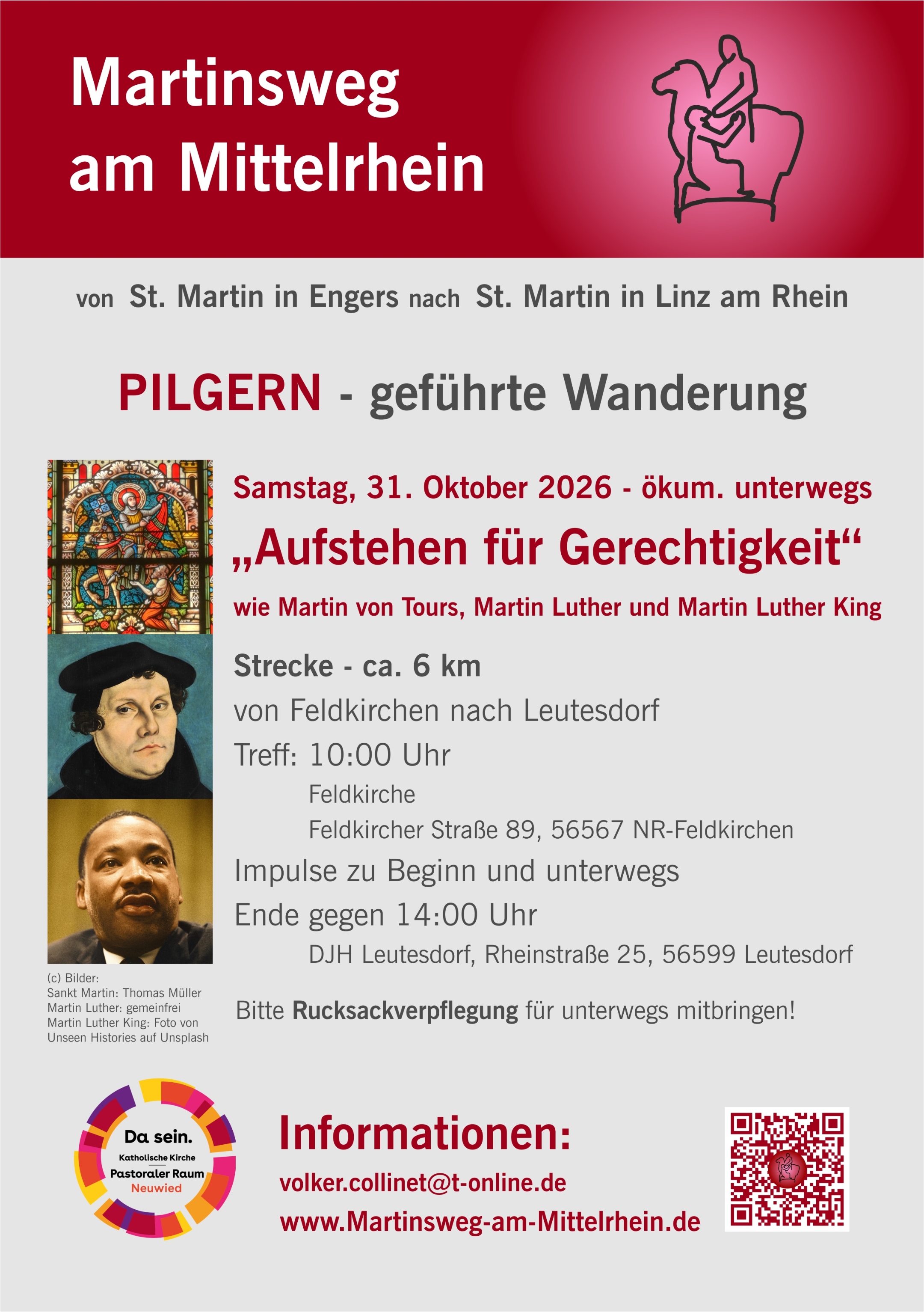 Das Plakat zeigt neben den Informationen zur Wanderung die Logos des Martinsweges am Mittelrhein und des Pastoralen Raumes Neuwied, sowie Bilder von St. Martin, Martin Luther und Martin Luther King.