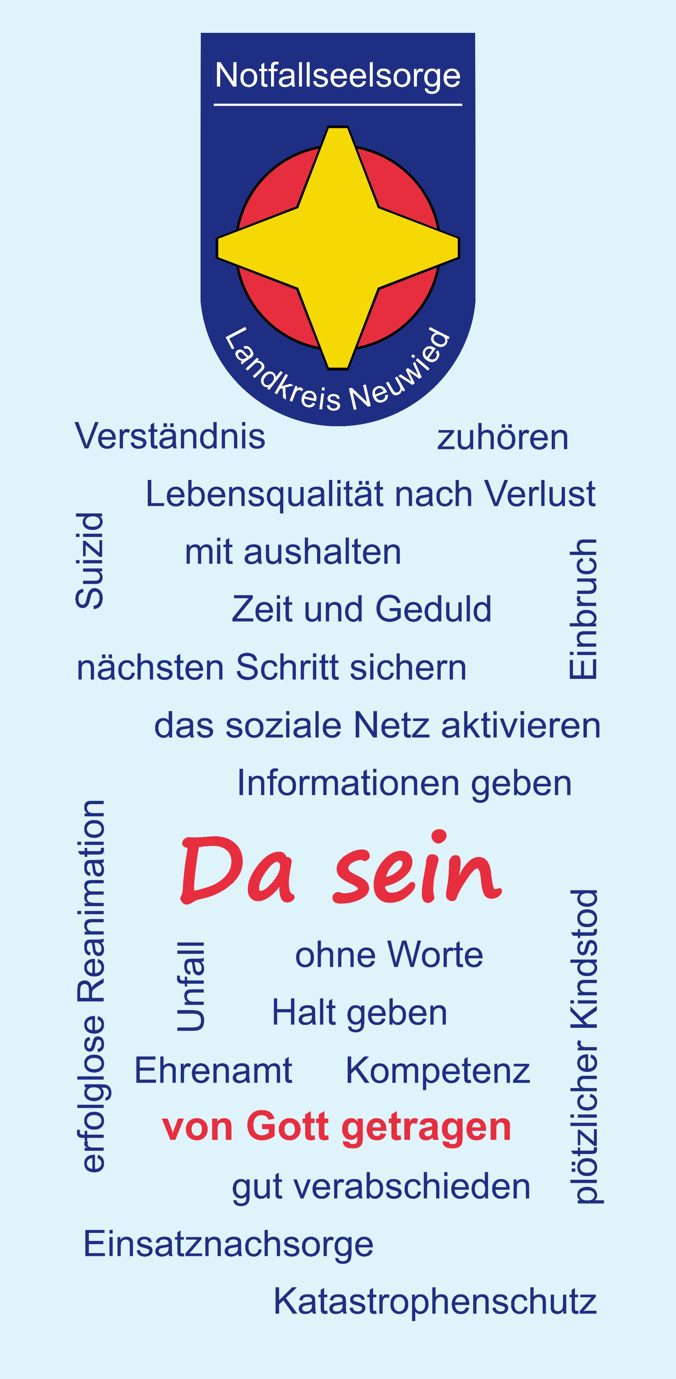 Neben dem Logo der NFS Landkreis Neuwied zeigt das Bild viele Begriffe rund um die Notfallseelsorge, z. B. Da sein, Suizid, ohne Worte, Einsatznachsorge, von Gott getragen