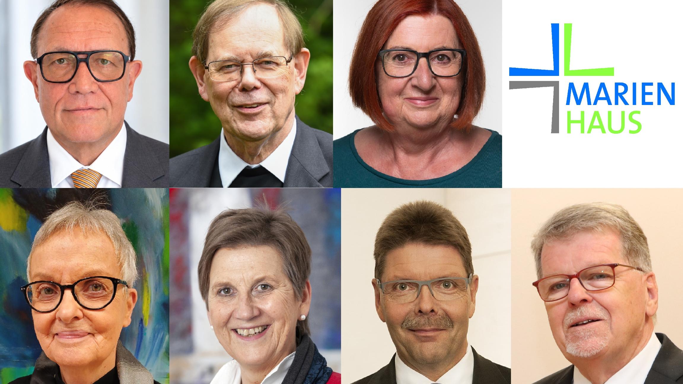 Auf der Kollage sind die Portraits der sieben Vorstandsmitglieder sowie das Logo des Marienhaus-Gruppe zu sehen.