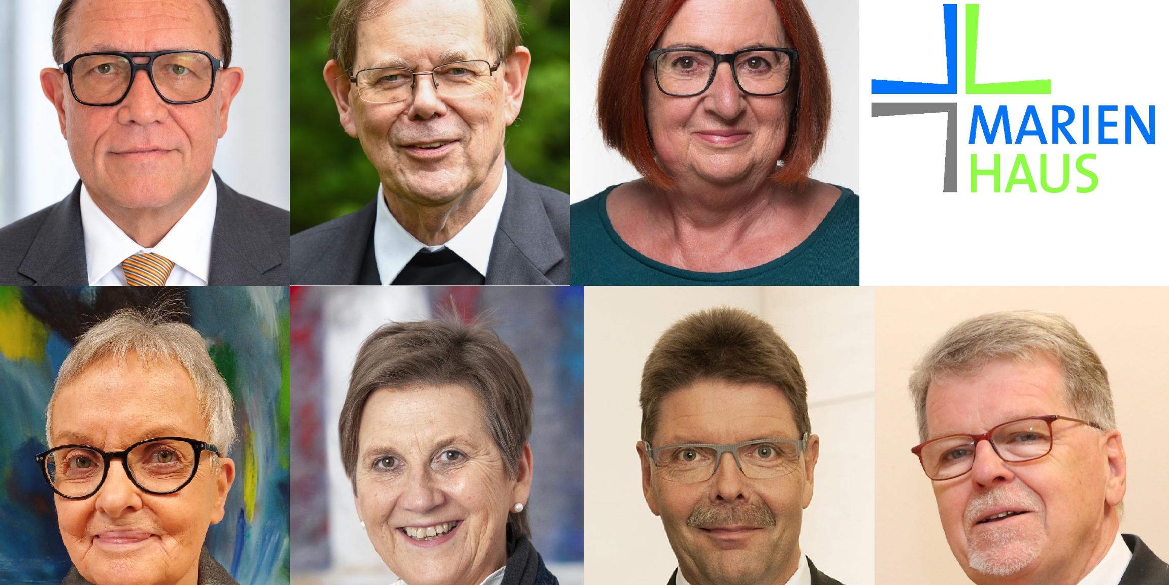 Der Vorstand der Marienhaus Stiftung ab 8. November 2026, oben von links: Dr. Theodor-Michael Lucas, Pater Dr. Hans Langendörfer SJ und Sonja Petit, unten von links: Sr. Edith-Maria Magar, Dr. Claudia Lücking-Michel, Hans Jörg Millies und Joachim Schnieders (c) Fotos: Dr. Lucas, Harald Oppitz (kna), Tina Mann, Andrea Schulze, Christoph Seelbach, Anke Jakobs Auf der Kollage sind die Portraits der sieben Vorstandsmitglieder sowie das Logo des Marienhaus-Gruppe zu sehen.