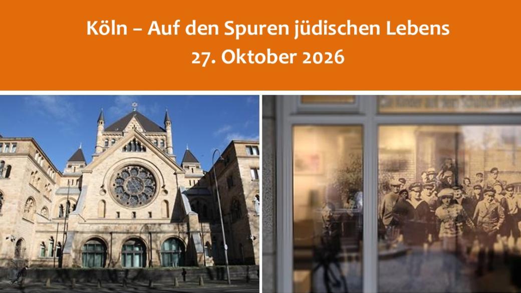 Das linke Bild zeigt die Synagoge in der Roonstraße in Köln, das rechte zeigt ein Bild im Jawne-Gedenk- und Bildungszentrum: jüdische Jungen, die aus dem damaligen Gymnasium strömen.