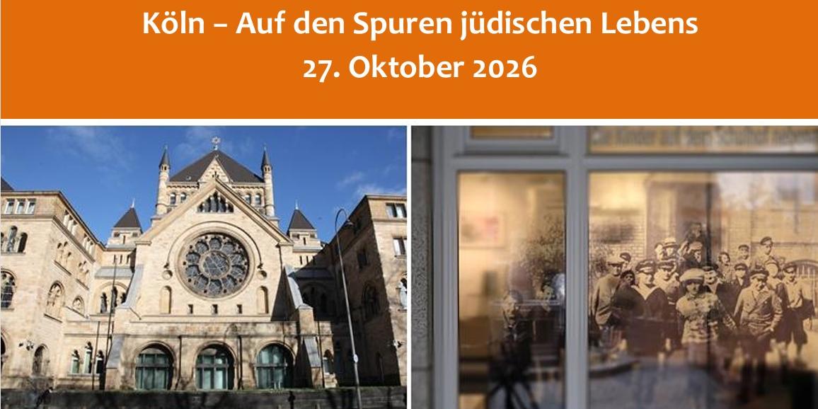 Das linke Bild zeigt die Synagoge in der Roonstraße in Köln, das rechte zeigt ein Bild im Jawne-Gedenk- und Bildungszentrum: jüdische Jungen, die aus dem damaligen Gymnasium strömen. (c) Mosaik Reisen Beate Neitzert, Urbach und Polina Kluss; Lern- und Gedenkort Jawne Das linke Bild zeigt die Synagoge in der Roonstraße in Köln, das rechte zeigt ein Bild im Jawne-Gedenk- und Bildungszentrum: jüdische Jungen, die aus dem damaligen Gymnasium strömen.