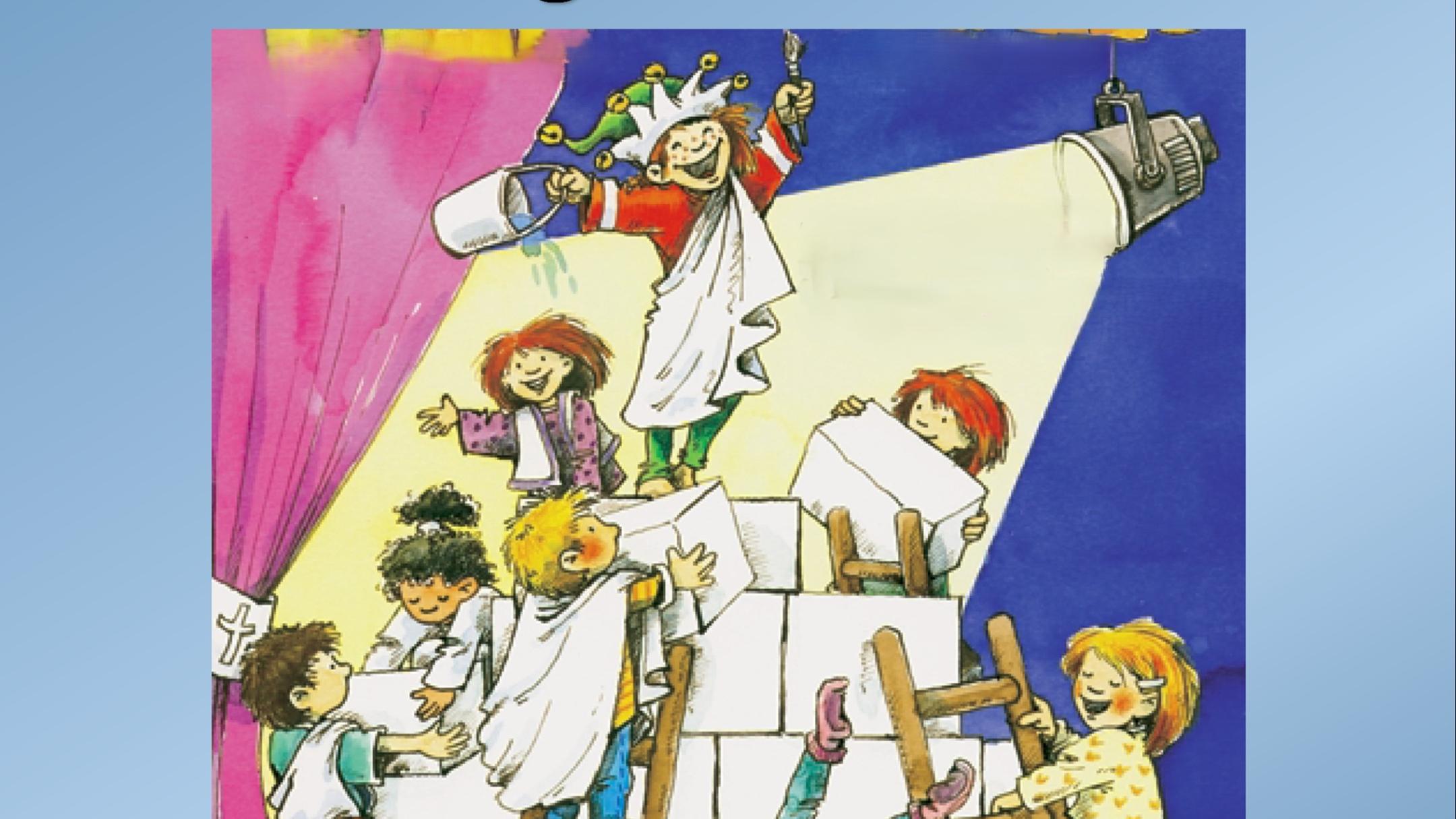 Auf dem comicartigen Bild des Plakates sind Kinder zu sehen, die große Steine zu einer Mauer aufstapeln und dazu auch Leitern benutzen. Alle haben viel Spaß.