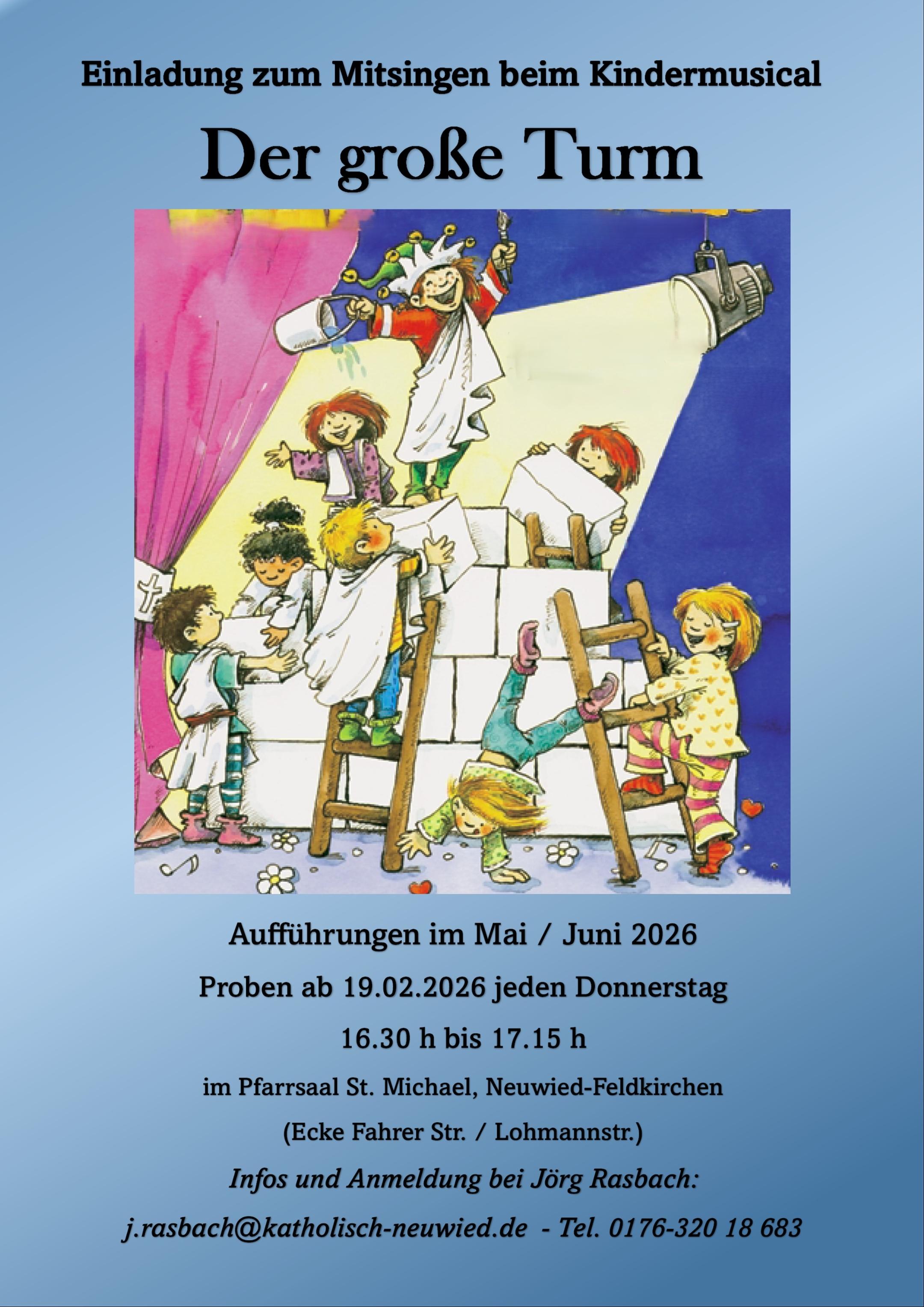 Auf dem comicartigen Bild des Plakates sind Kinder zu sehen, die große Steine zu einer Mauer aufstapeln und dazu auch Leitern benutzen. Alle haben viel Spaß.