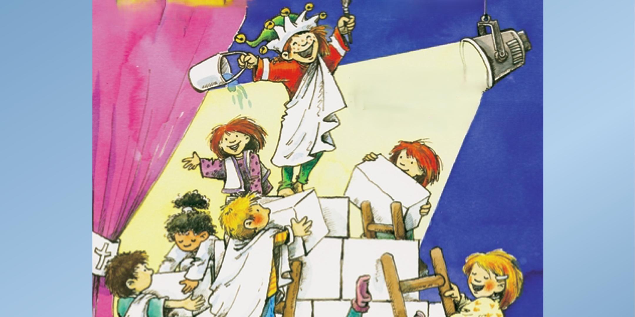 Auf dem comicartigen Bild des Plakates sind Kinder zu sehen, die große Steine zu einer Mauer aufstapeln und dazu auch Leitern benutzen. Alle haben viel Spaß.