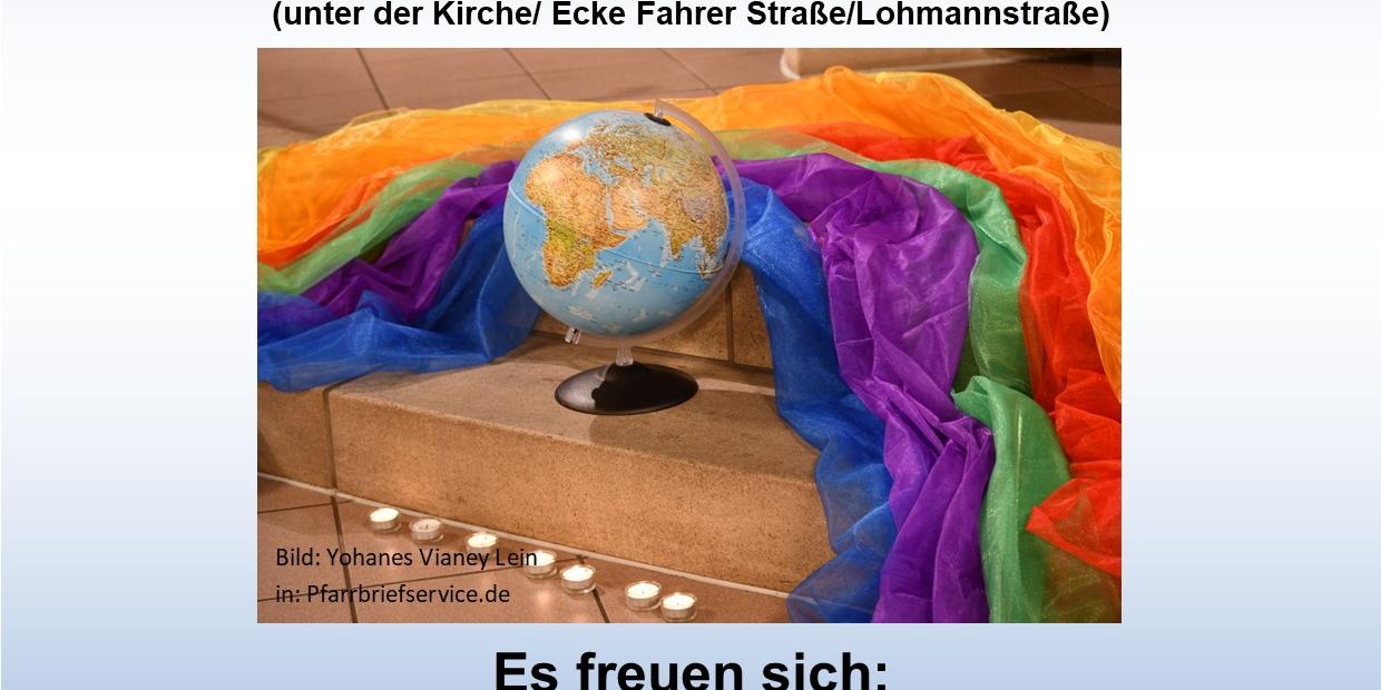 Das Plakat zeigt u. a. das Foto eines Globus, ums den Tücher in Regenbogenfarben gelegt sind.