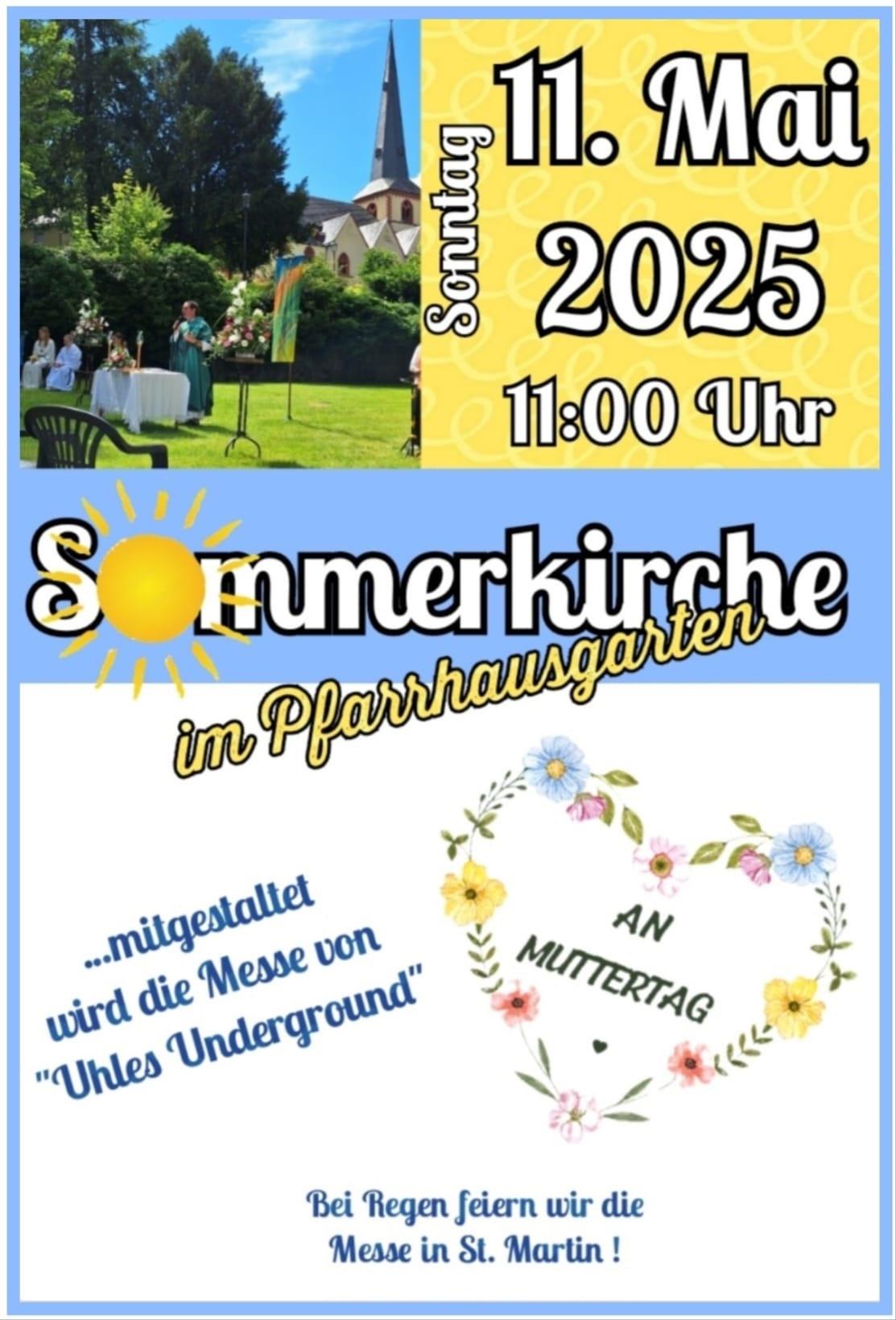 Plakat zur Sommerkirche: u. a. mit einem Bild, das Pfarrer Anhalt im Pfarrhausgarten bei einer Sommerkirche zeigt.