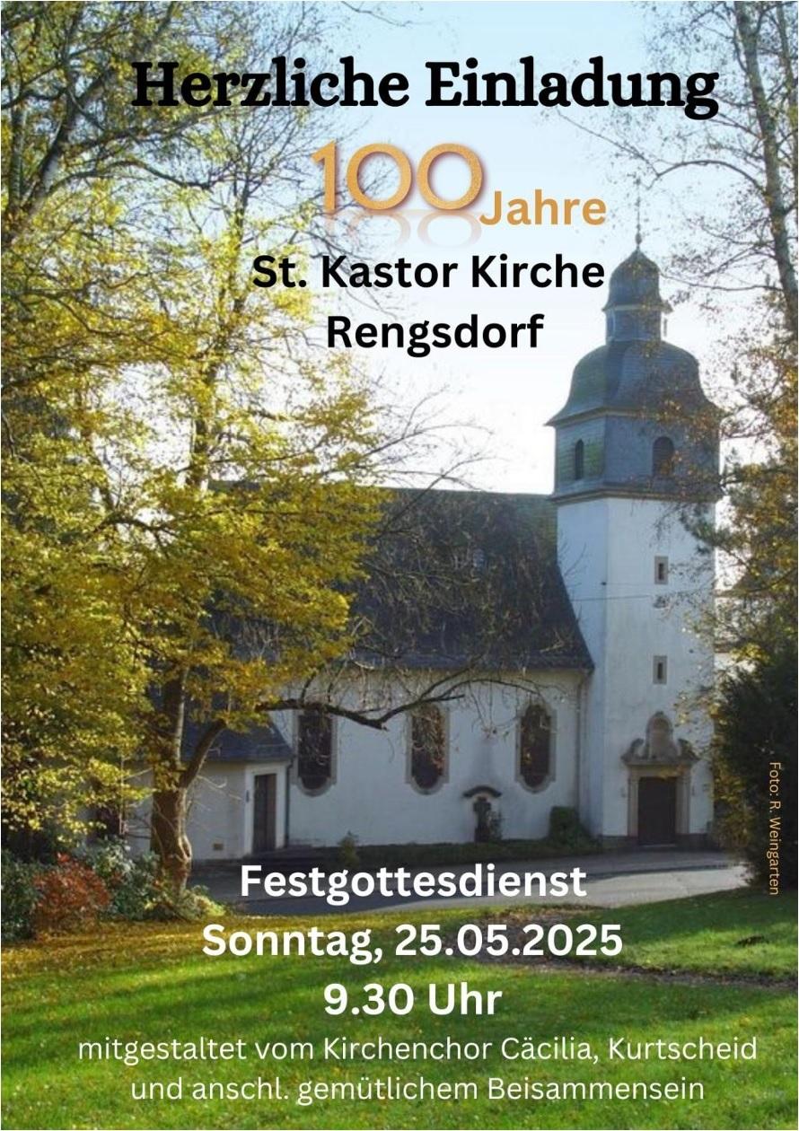 Plakat zur 100-Jahr-Feier, Hintergrundbild: katholische Kirche Rengsdorf
