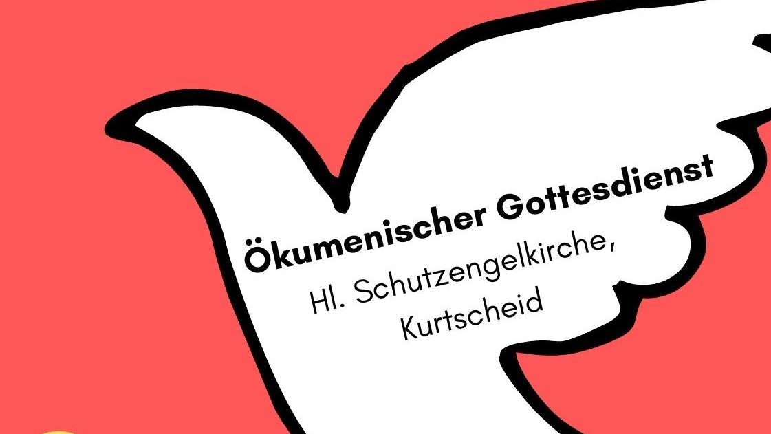 Plakat zum ökum. Gottesdienst: stilisierte weiße Taube auf rotem Grund mit Text