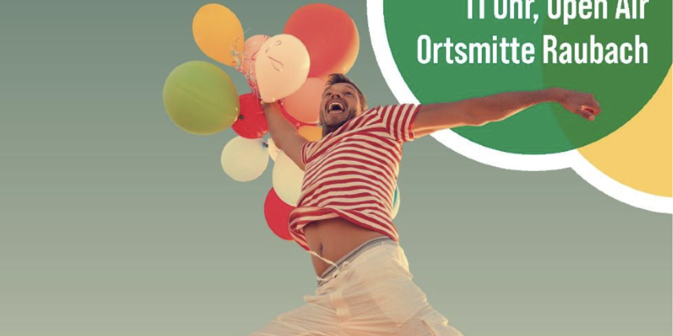 'Begeisterung' - Ein Mann in Sommerkleidung springt mit einem Luftballonknäuel durch das Plakat.
