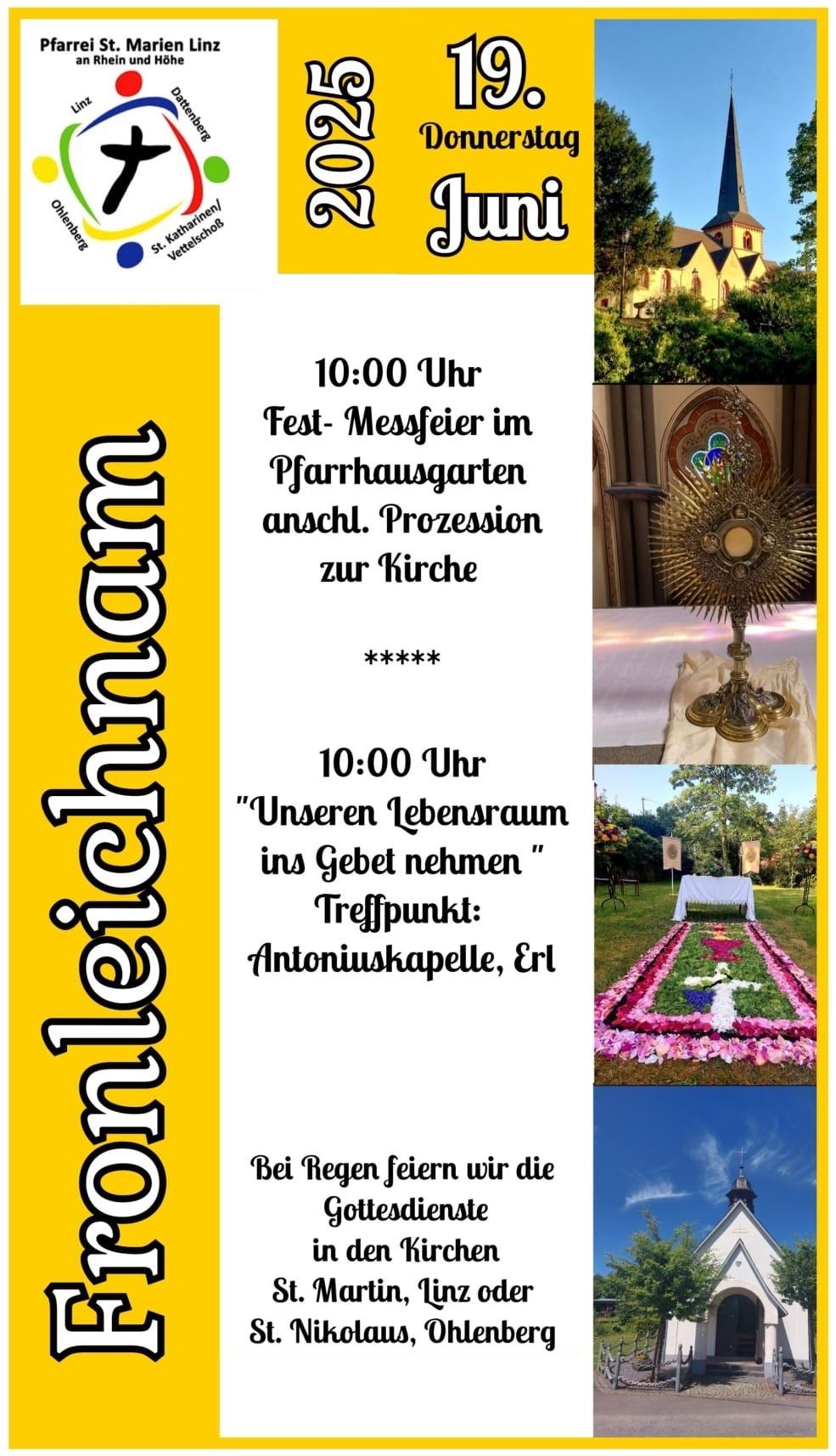 Das Plakat zeigt neben den Informationen verschiedene Bilder: Martinskirche Linz, Monstranz, Blumenteppich und Antoniuskapelle Erl.