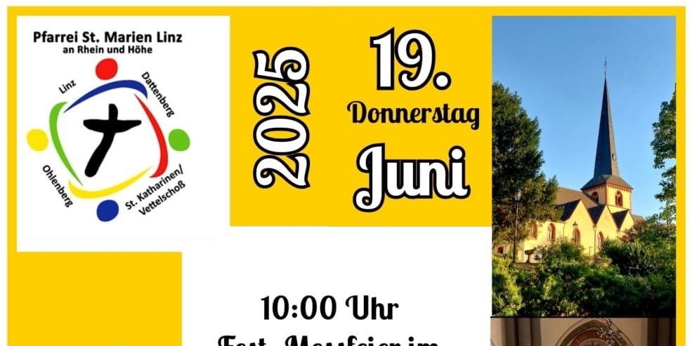 Das Plakat zeigt neben den Informationen verschiedene Bilder: Martinskirche Linz, Monstranz, Blumenteppich und Antoniuskapelle Erl.