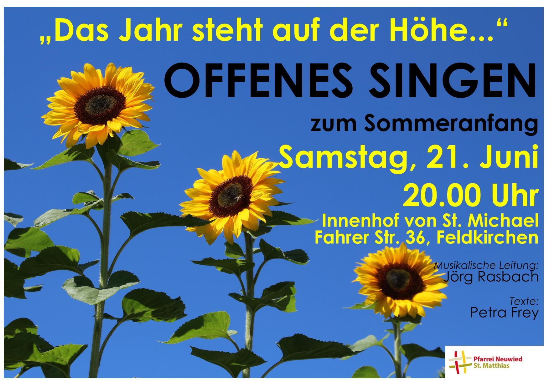 Plakat zum Offenen Singen: Neben den schriftlichen Informationen sind drei Sonnenblumen vor strahlend blauem Himmel zu sehen.