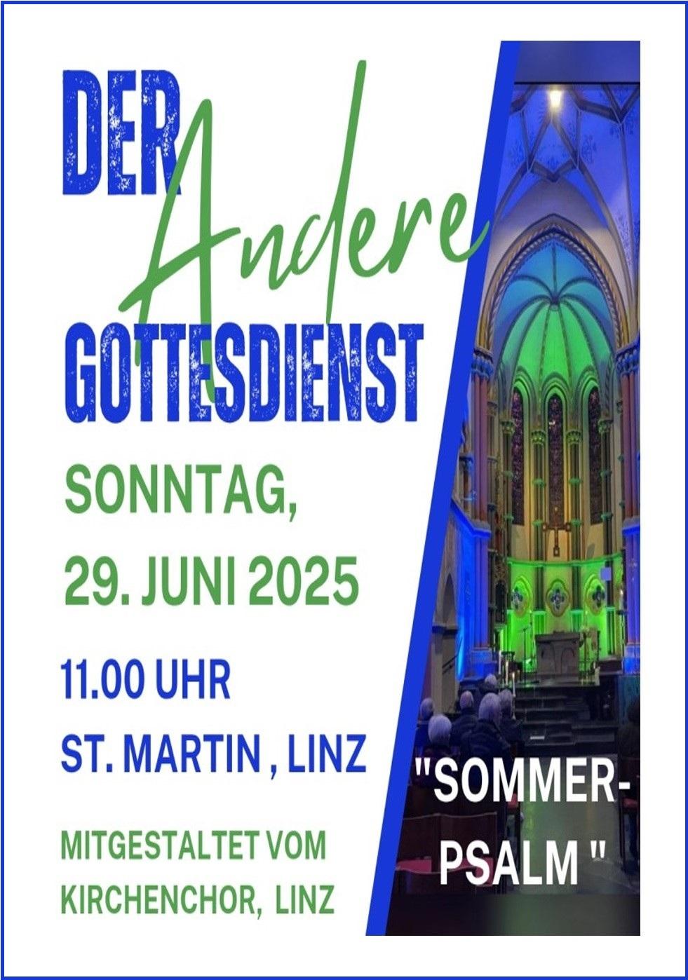 Das Plakat zeigt neben den Informationen in blau-grüner Schrift ein Foto des blau-grün erleuchteten Innenraums von St. Martin in Linz am Rhein.