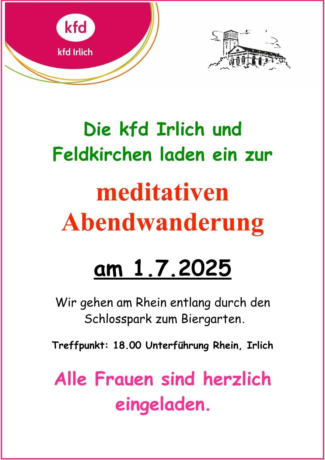 Die Schrift des Plakates ist in grün, orange, schwarz und pink gestaltet. Das Logo der kfd Irlich und die kath. Kirche Feldkirchen bilden den Kopf.