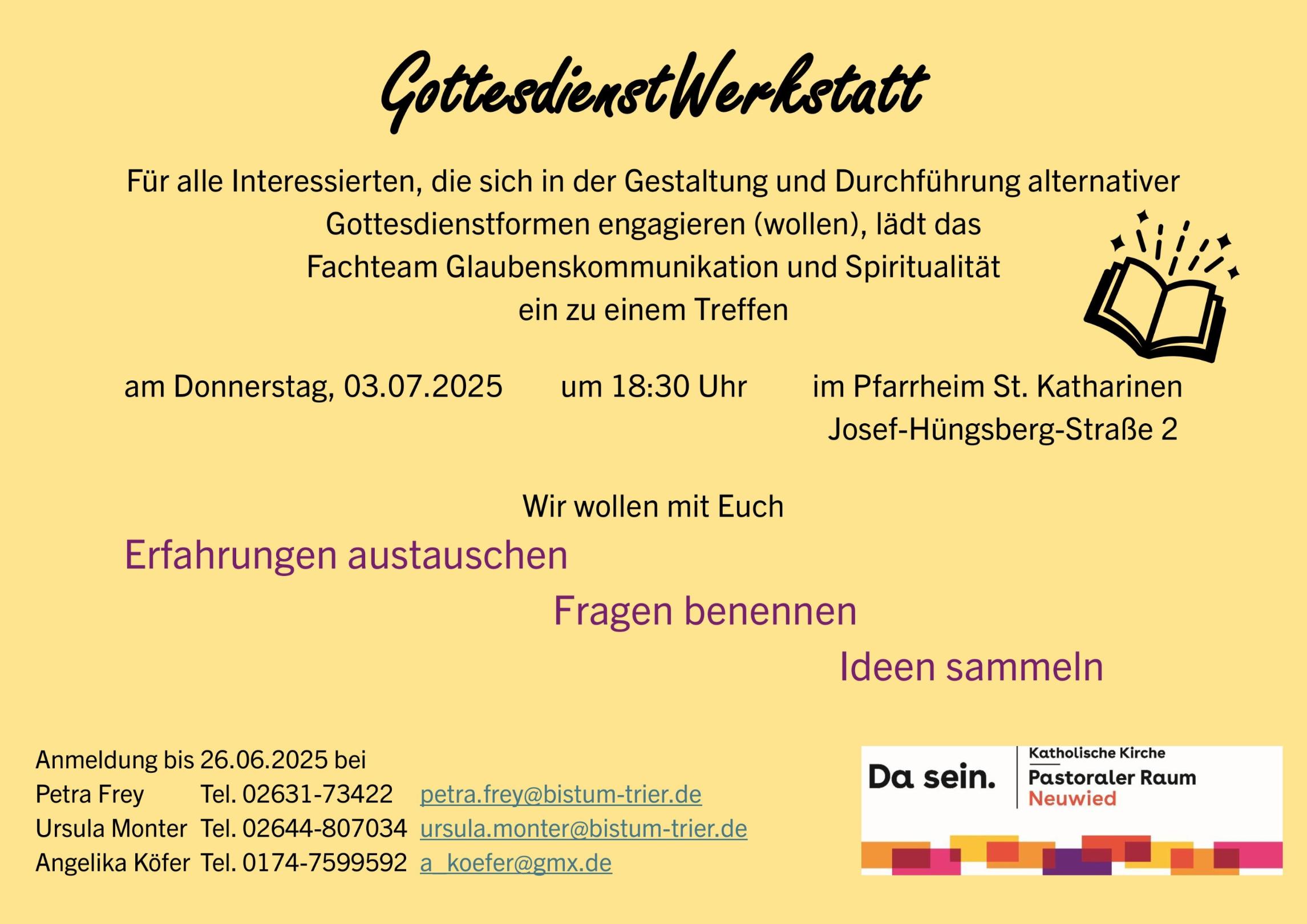 Plakat zur GottesdienstWerkstatt im Pastoralen Raum Neuwied: 3. Juli 2025