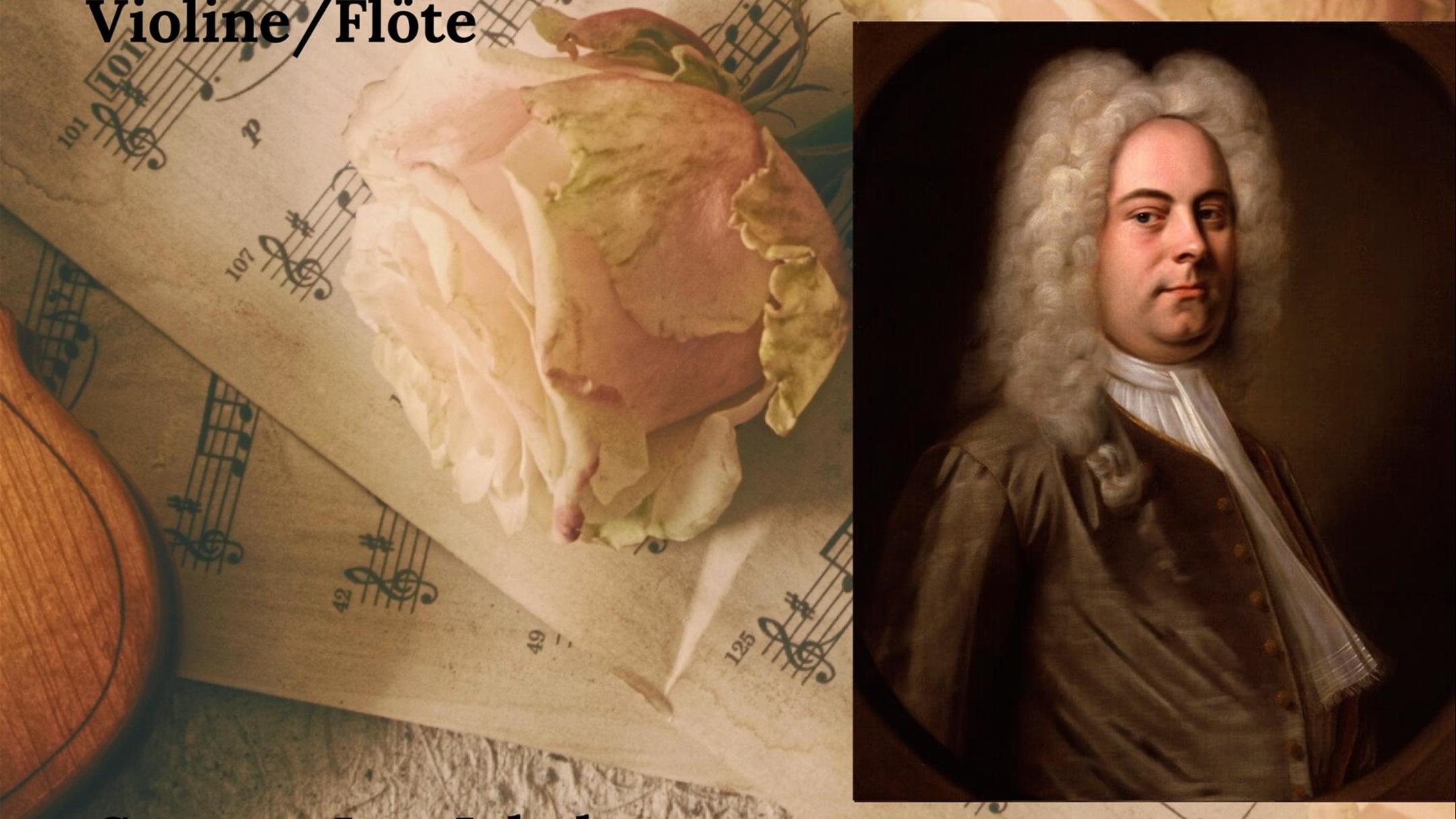 Plakat zum Konzert mit weißer Rose auf Notenblatt und Portraitbild Händels