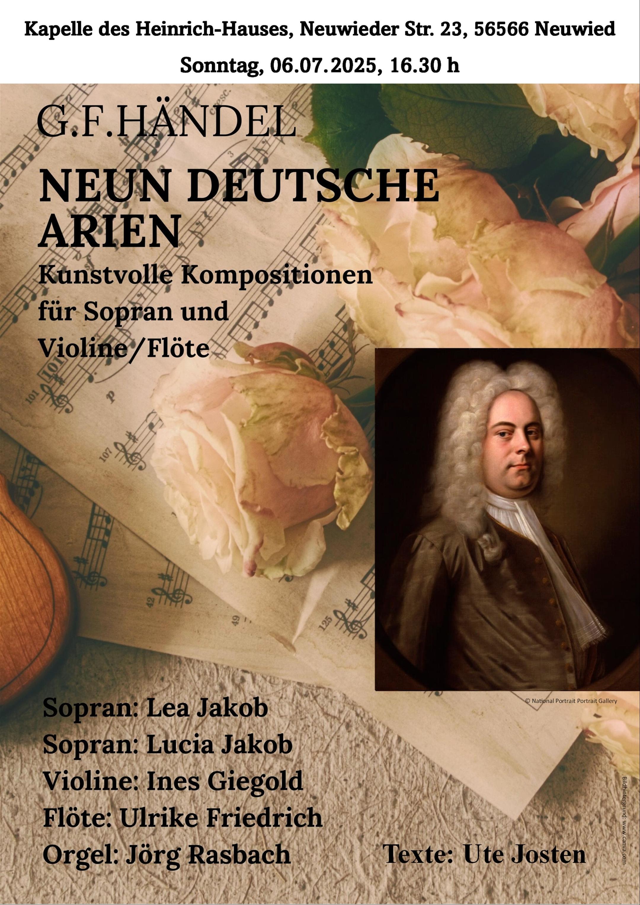 Plakat zum Konzert mit weißer Rose auf Notenblatt und Portraitbild Händels