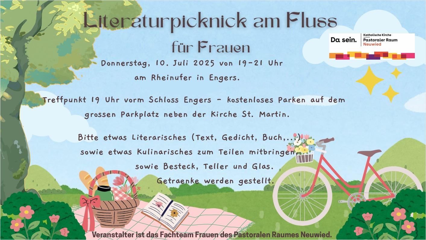 Den Hintergrund bildet eine Comicartige Zeichnung mit Baum, Wiese, Picknickdecke - darauf ein Korb mit Brot und einer grünen Dose, sowie ein aufgeschlagenes Buch - und ein Fahrrad.