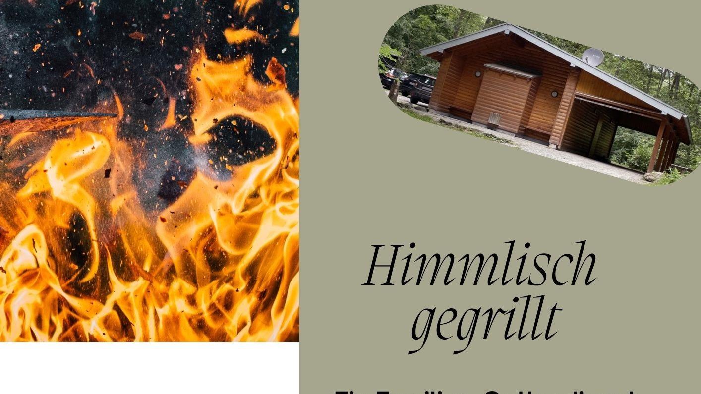 Plakat mit jeweils einem Bild eines Feuers, einer Treppe im Wald und der Grillhütte