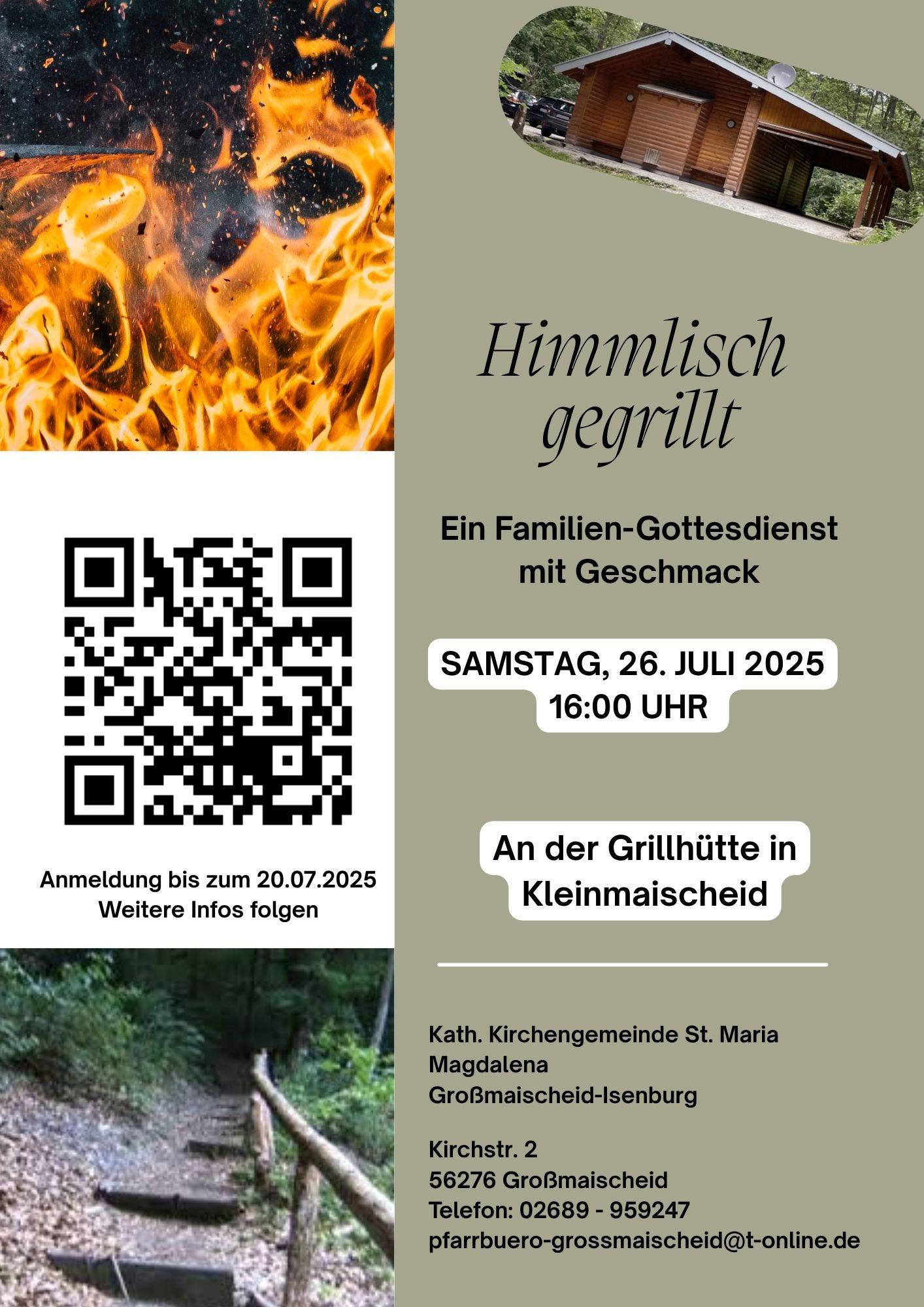 Plakat mit jeweils einem Bild eines Feuers, einer Treppe im Wald und der Grillhütte