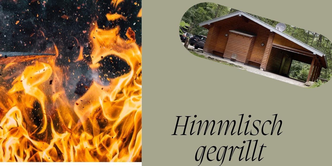 Plakat mit jeweils einem Bild eines Feuers, einer Treppe im Wald und der Grillhütte