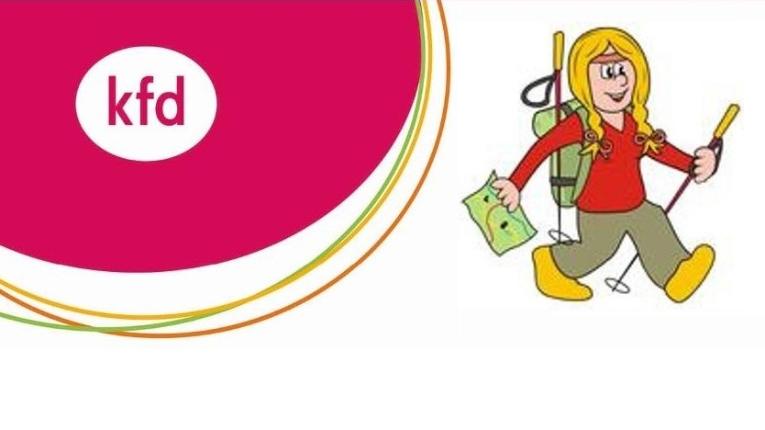 Das Bild zeigt das kfd-Logo in Magenta-Tönen sowie die Grafik einer Wanderin.