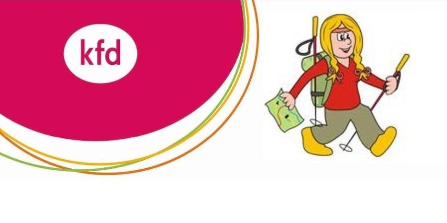 Das Bild zeigt das kfd-Logo in Magenta-Tönen sowie die Grafik einer Wanderin.