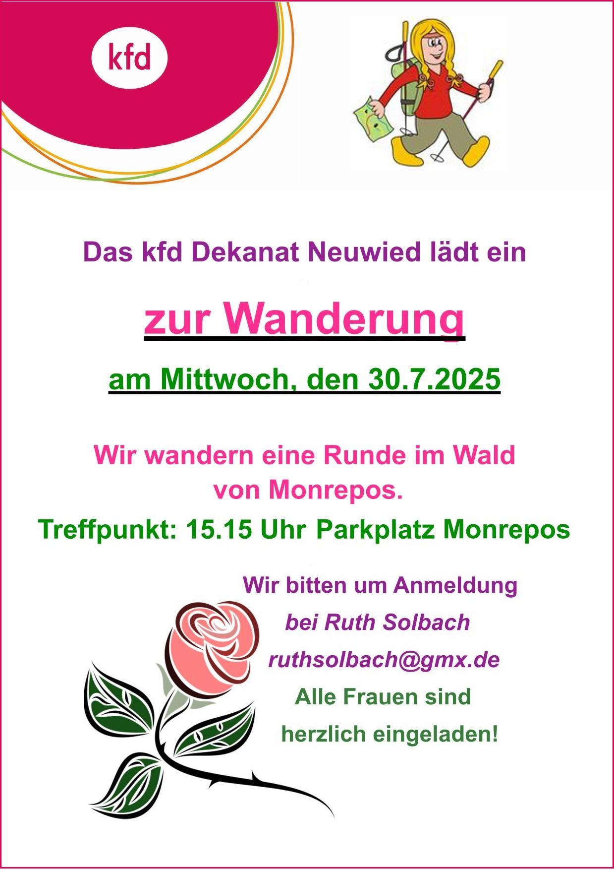 Das Plakat enthält neben allen Informationen das Logo der kfd, sowie zwei Grafiken: eine Wanderin und eine Rose.