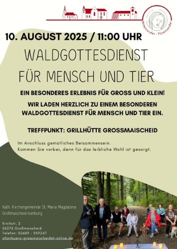 Plakat zum Waldgottesdienst in Pastell-Grüntönen, u.a. mit einem Bild, das Gottesdienstfeiernde Menschen im Wald zeigt.