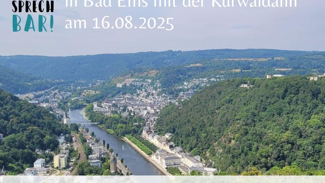 Vogelperspektive auf Bad Ems an der Lahn und die dahinter liegenden Höhenzüge